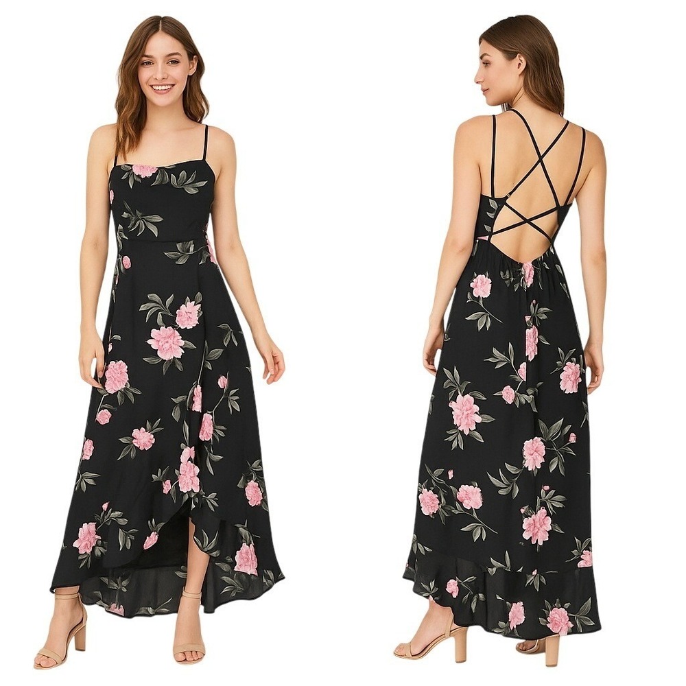 Streetwear Society Black Floral Maxi Dress XL Sleeveless Open Back Hi Lo Hem New